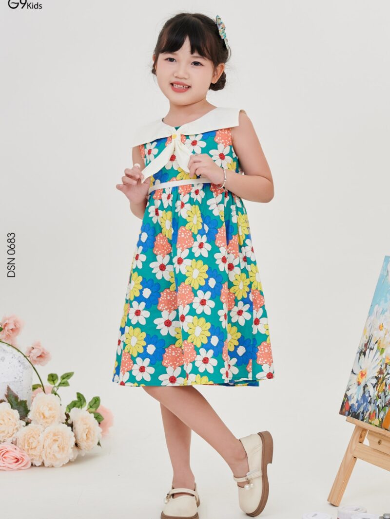 Váy sát nách phối cổ nơ chất liệu thô họa tiết 24S56BĐSN0683-1