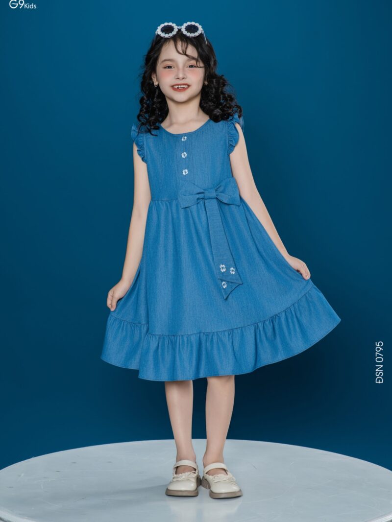 Váy sát nách cho bé gái phối nơ chất liệu jeans lụa 25S12BĐSN0795-1