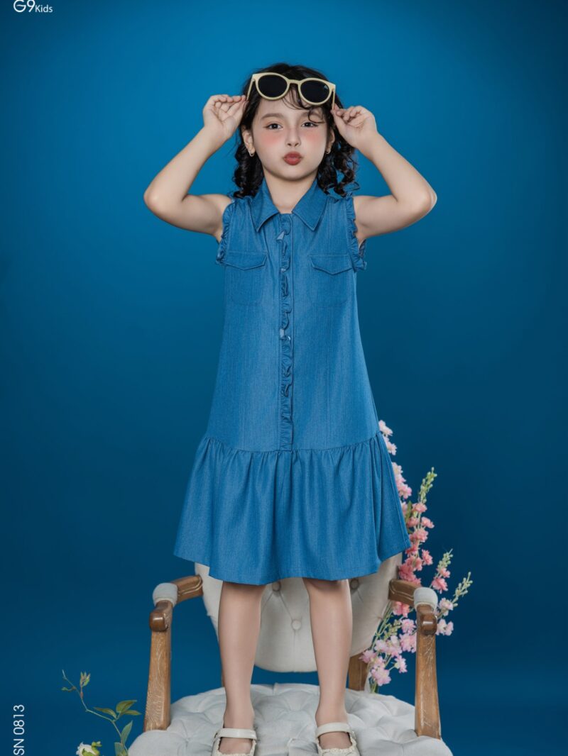 Váy sát nách đuôi cá phối bèo chất liệu jeans lụa 25S51BĐSN0813-1