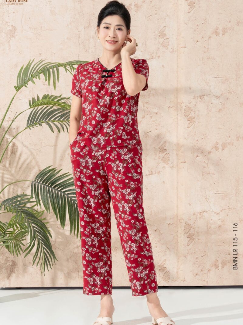 Bộ mặc nhà áo tay cộc quần dài chất liệu đũi hàn 25S16BMNLR115+116-2