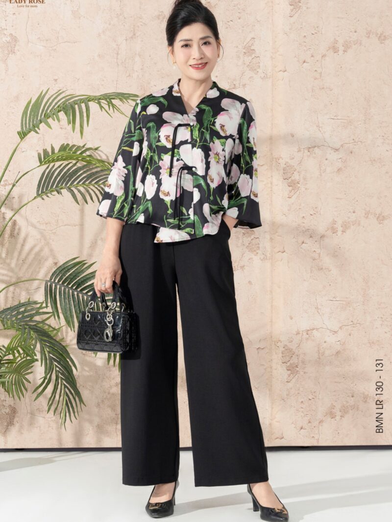 Bộ mặc nhà áo lụa tay lỡ, quần đũi hàn ống rộng 25S51BMNLR130+131-2