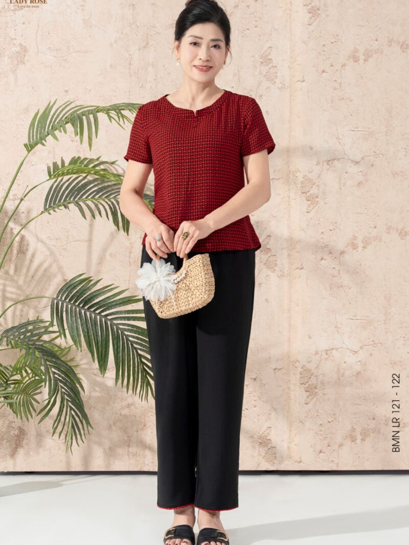 Bộ mặc nhà áo tay cộc quần dài ống suông chất liệu đũi hàn 25S12BMNLR121+122-2