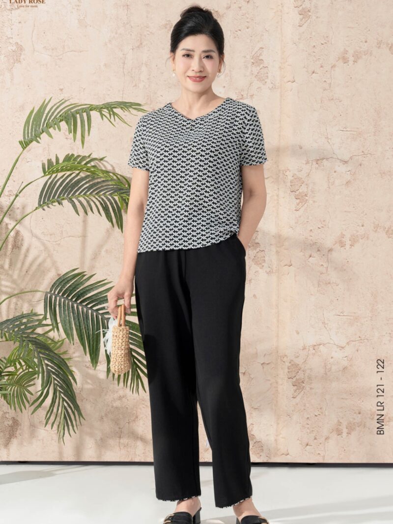 Bộ mặc nhà áo tay cộc quần dài ống suông chất liệu đũi hàn 25S12BMNLR121+122-1