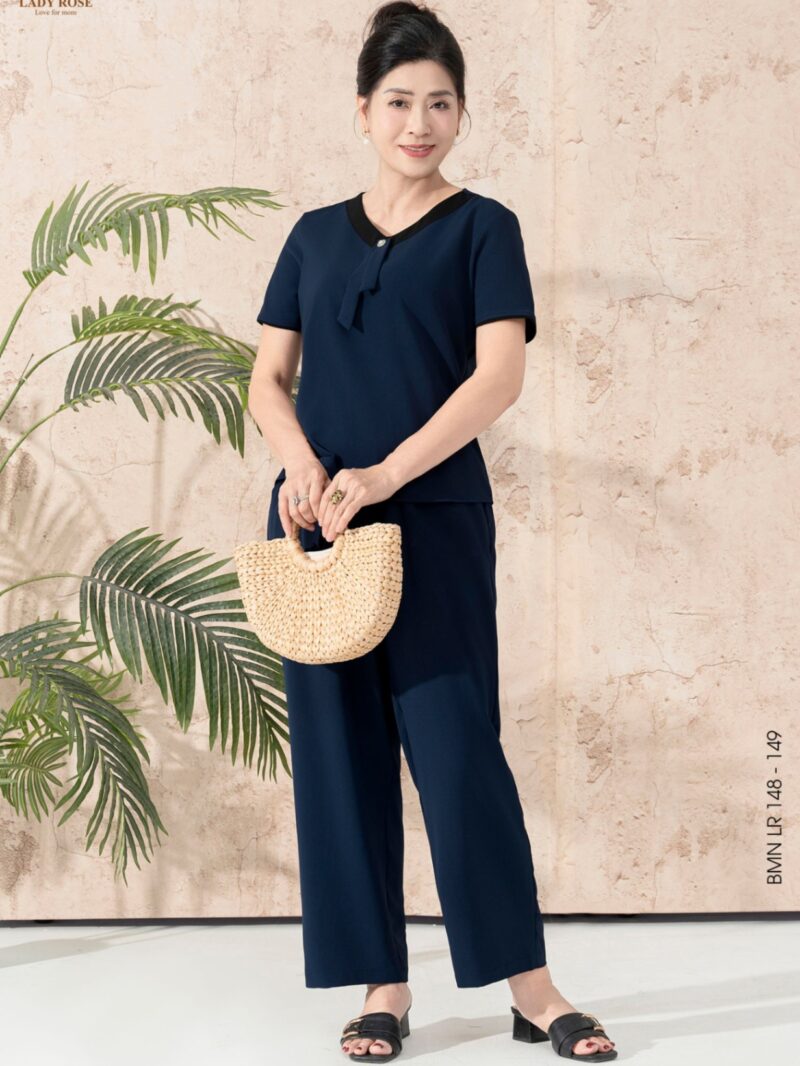 Bộ mặc nhà áo tay cộc quần dài chất liệu đũi hàn 25S12BMNLR148+149-1