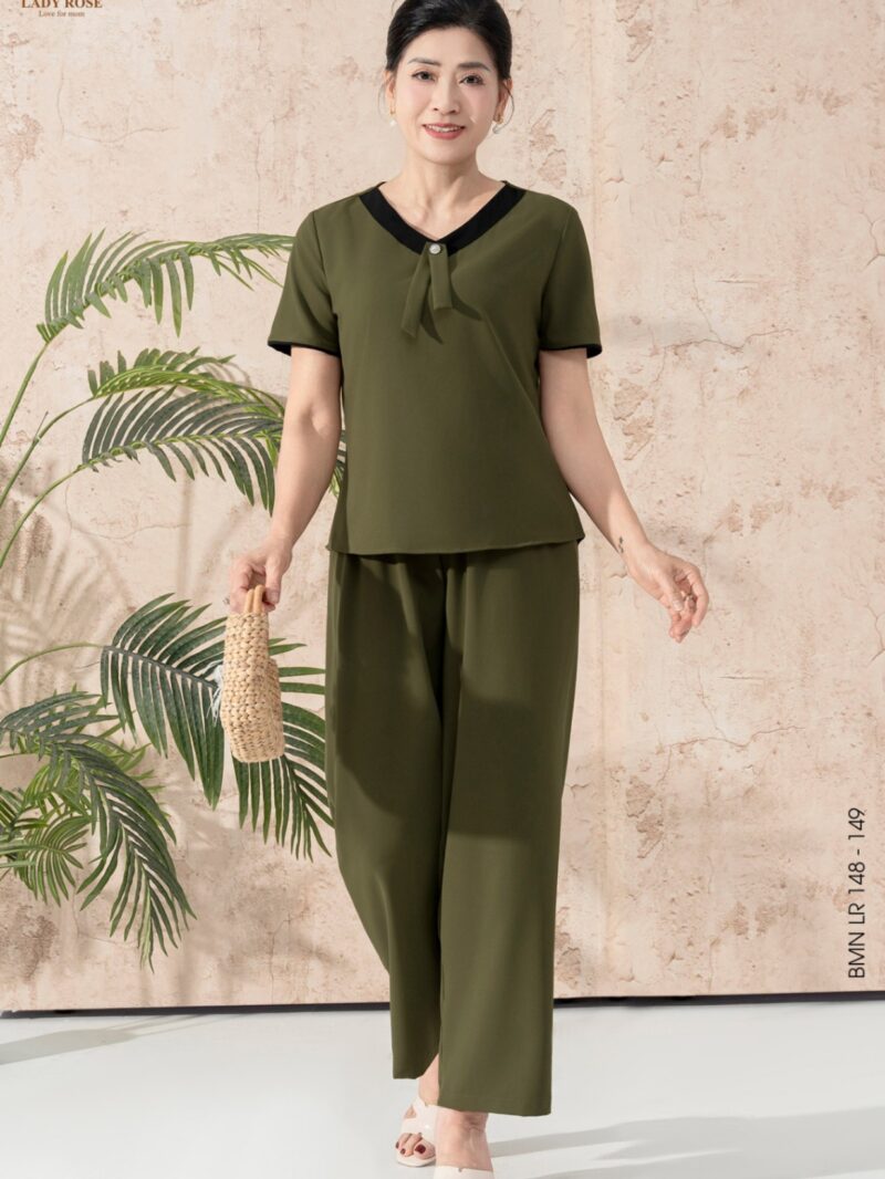 Bộ mặc nhà áo tay cộc quần dài chất liệu đũi hàn 25S12BMNLR148+149-2