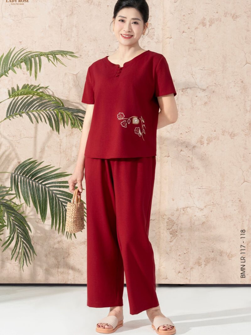 Bộ mặc nhà áo tay cộc quần dài chất đũi hàn 25S16BMNLR117+118-2