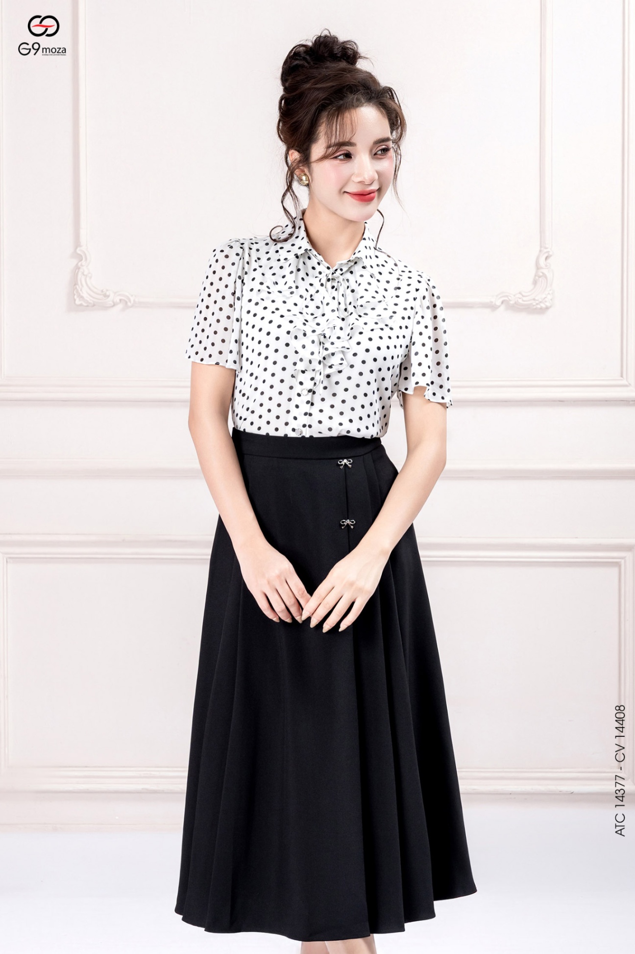 Áo tay cộc cổ nơ phối bèo 25S52ATC14377-1