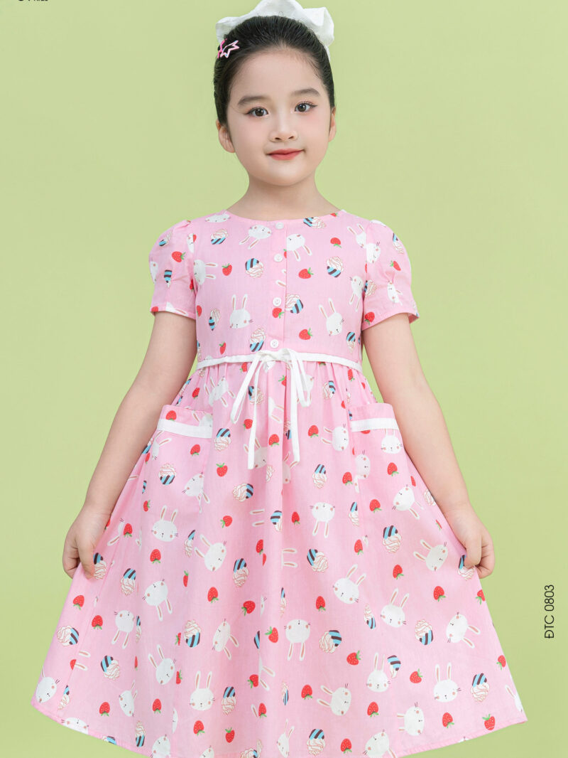 Váy tay cộc cho bé gái họa tiết hoa phối nơ chất liệu thô hàn 25S17BĐTC0803-2